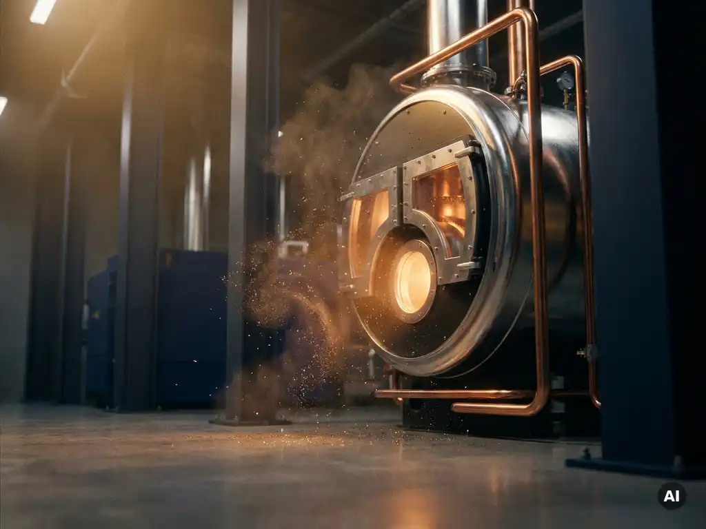 Industrial boiler glowing with amber combustion light as fine iron powder swirls around polished steel, shot from a dramatic low angle on a modern factory floor.