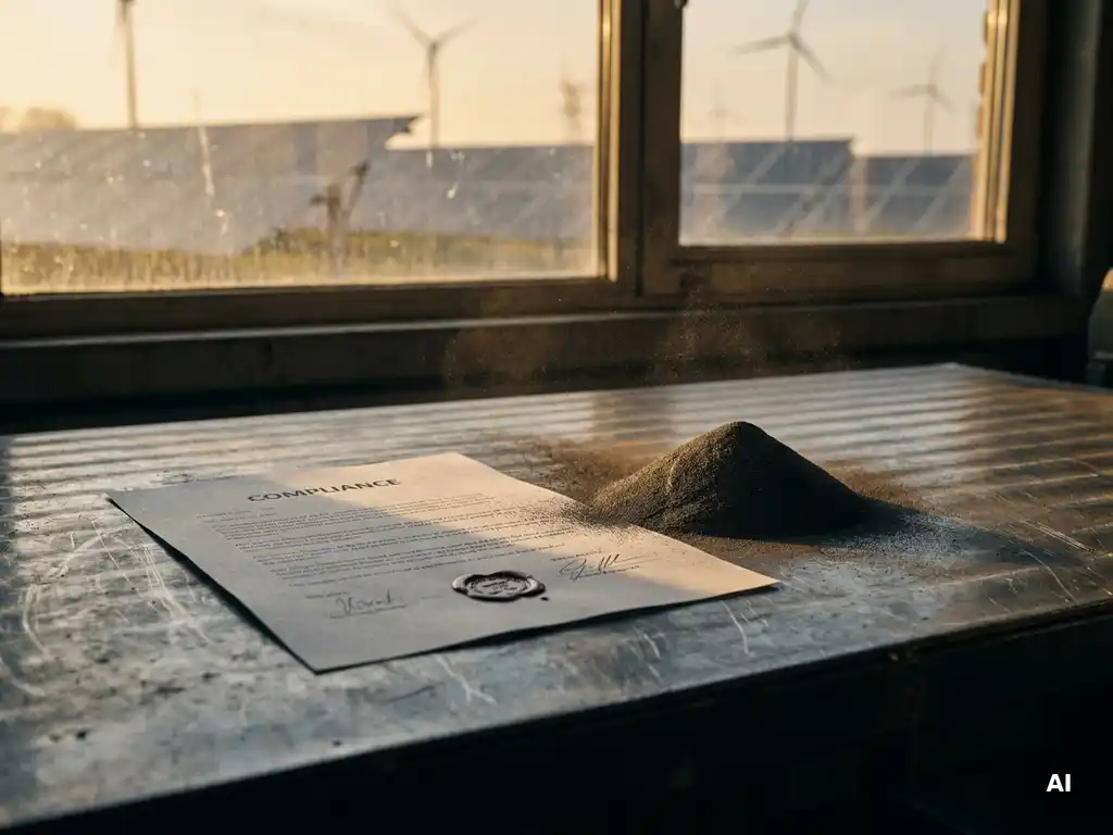 Certified compliance document on steel surface beside fine iron powder, amber light illuminating metallic dust with clean energy facility in background.