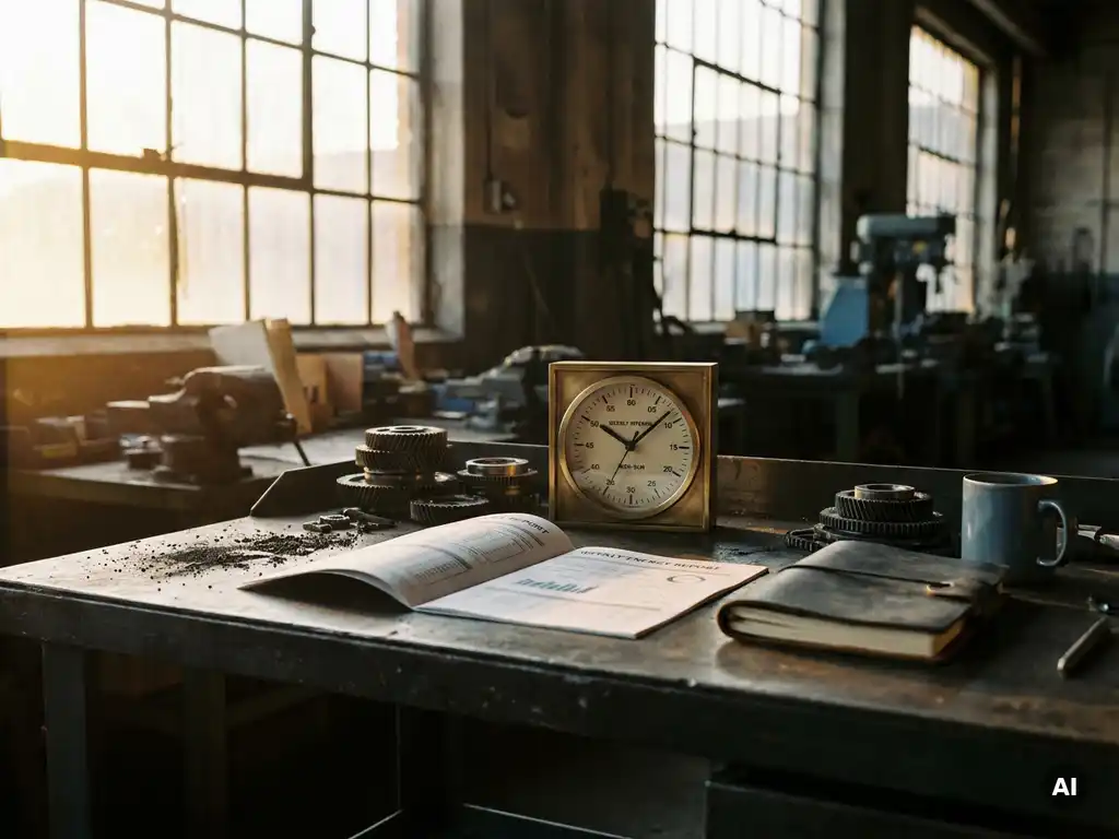 Industrial desk with printed energy report, analog clock, and iron powder residue in warm morning factory light.