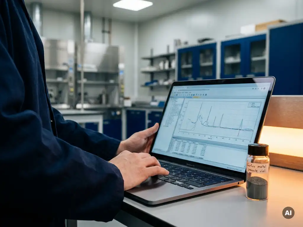 Researcher scrolling energy production charts on laptop beside a glass vial of iron powder samples in an industrial lab setting.