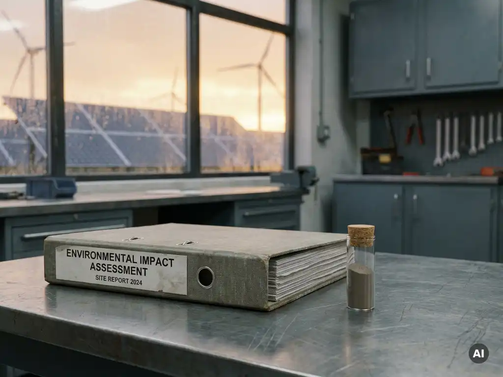 Worn environmental impact assessment binder open on a steel desk beside a glass vial of iron powder samples, clean energy facility visible through background window.