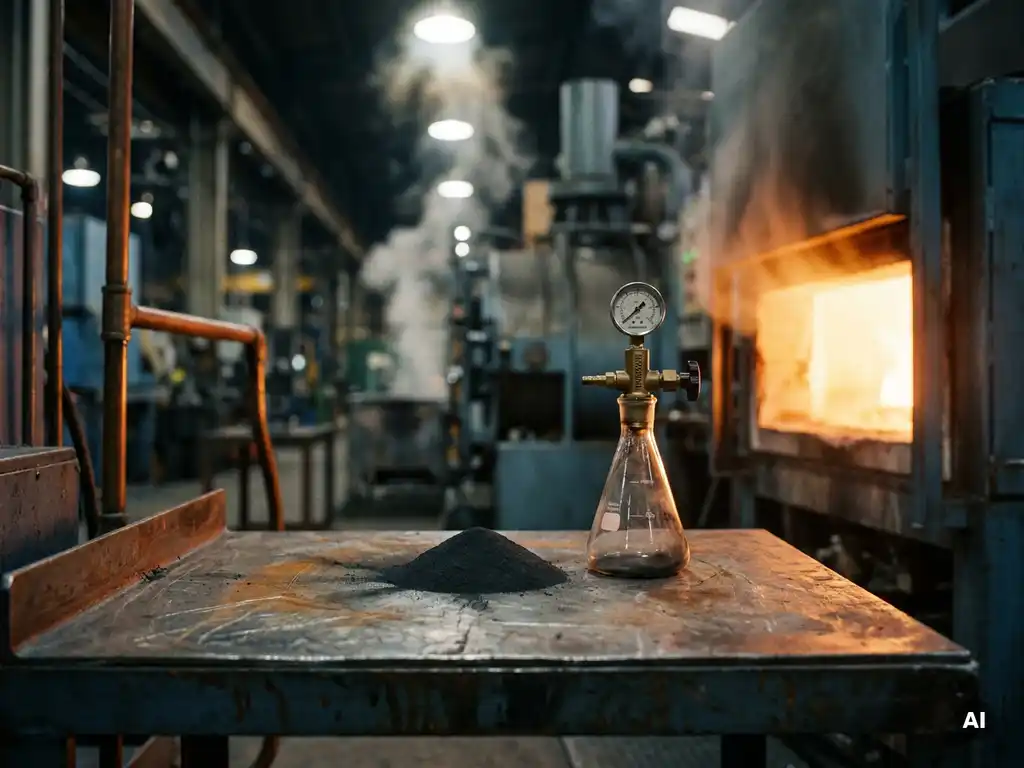 Iron powder and hydrogen gas flask on a steel workbench, backlit by a furnace glow in an industrial factory setting.