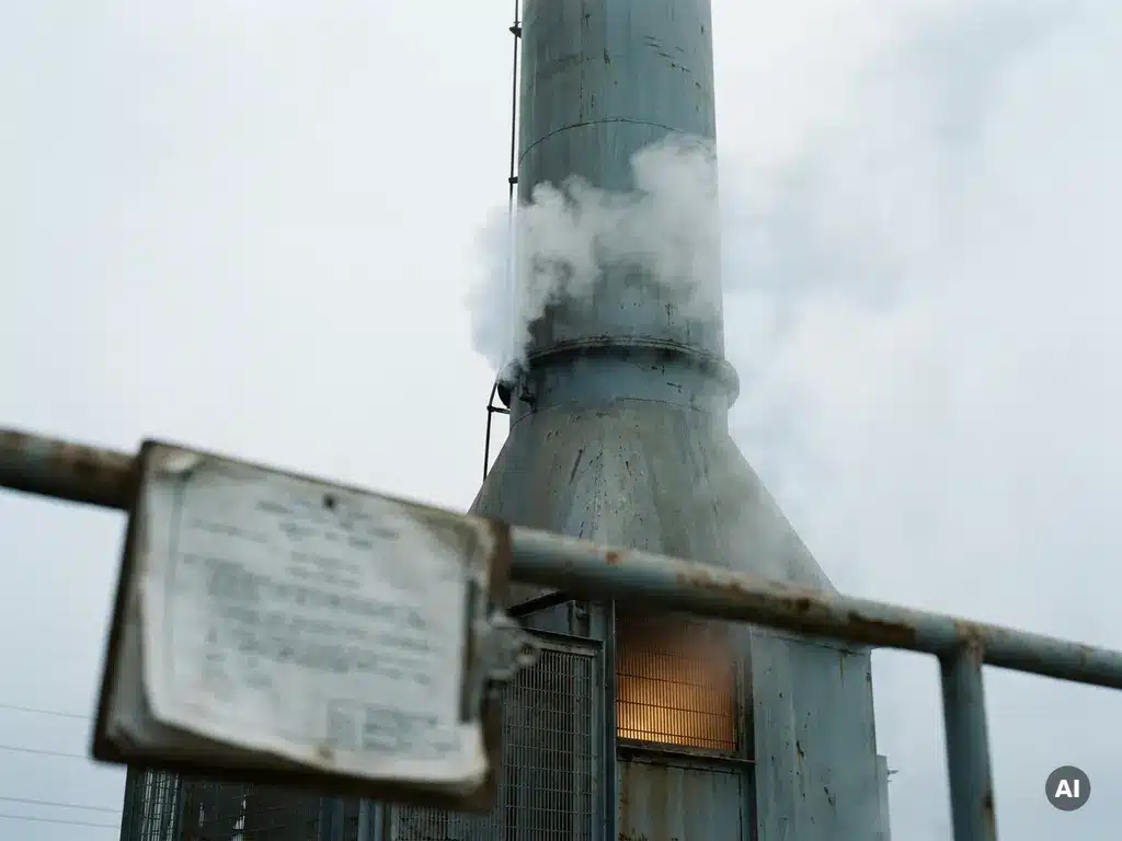 Industrial boiler exhaust stack emitting clean white steam, with a compliance document resting on a weathered metal railing in the foreground.
