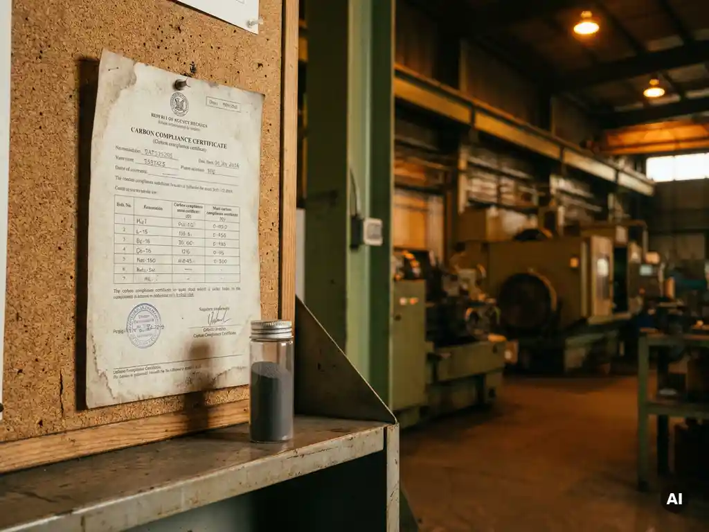 Carbon compliance certificate pinned to an industrial corkboard beside a glass vial of iron powder, steel factory floor in the background.