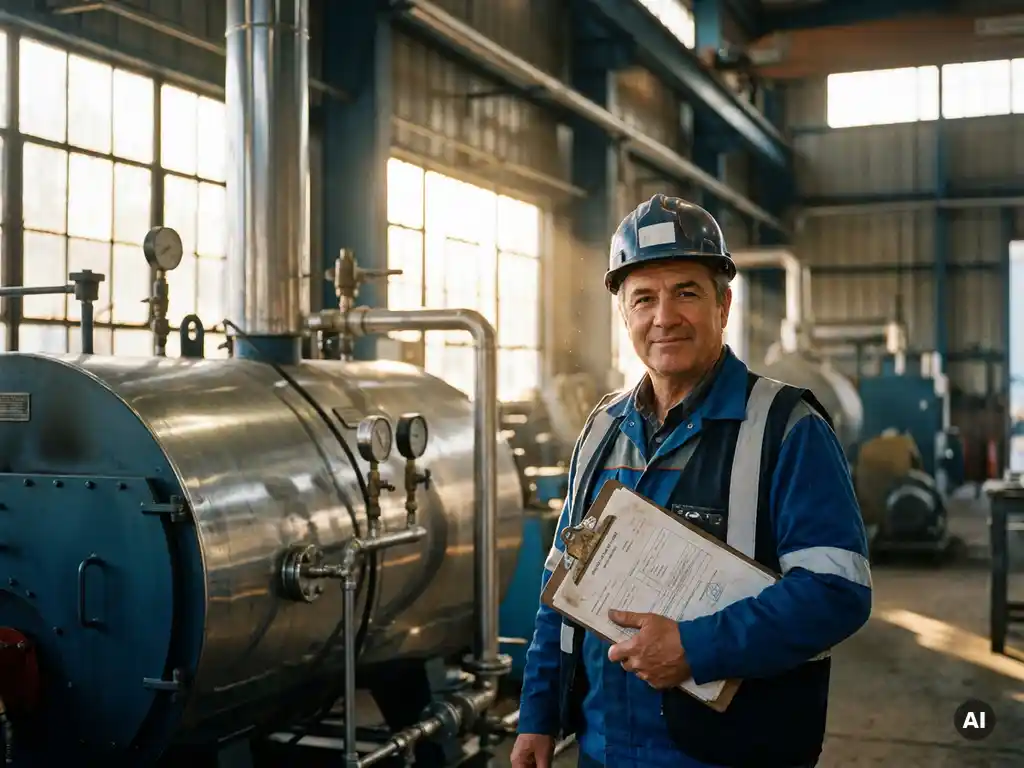 Dutch facility manager in work attire reviewing government documents on a clipboard beside an iron fuel boiler system in a sunlit factory.