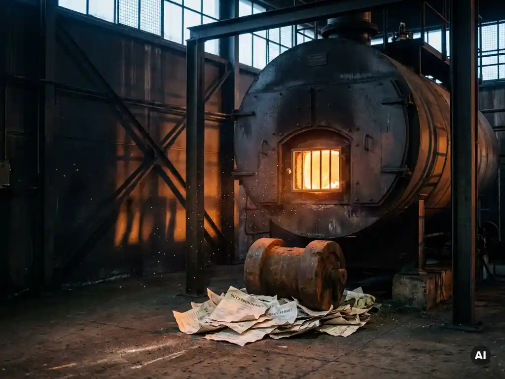 Industrial boiler glowing orange in a steel factory, with EU carbon permit certificates crushed under an iron counterweight amid floating iron dust particles.