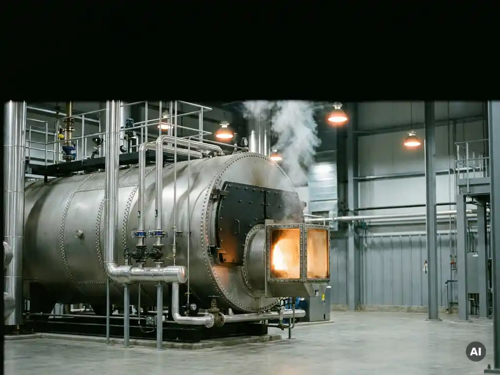 Industrial boiler with gleaming steel pipes and valves as iron powder burns with amber combustion light, emitting clean steam in a manufacturing facility.