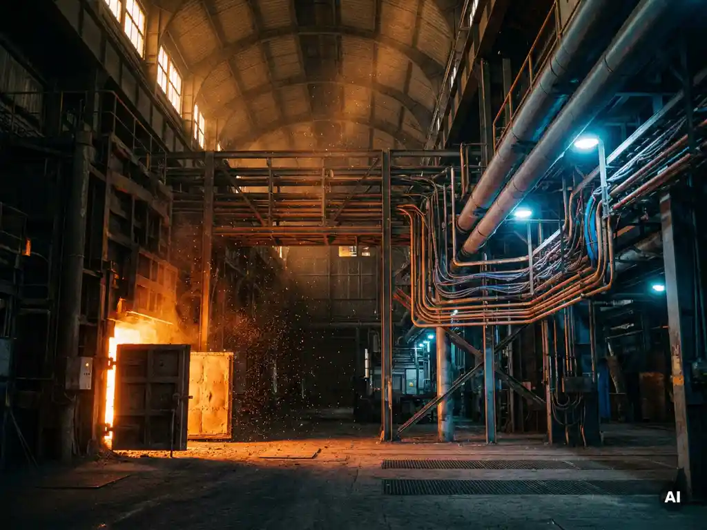 Industrial furnace glowing molten orange beside copper conduits and steel pipes on a factory floor, iron powder dust catching amber forge-light.