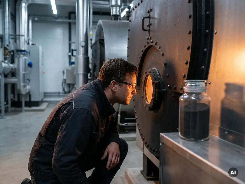 Sustainability manager inspecting orange combustion flames inside an industrial iron fuel boiler, with fine iron powder in a sealed container nearby.