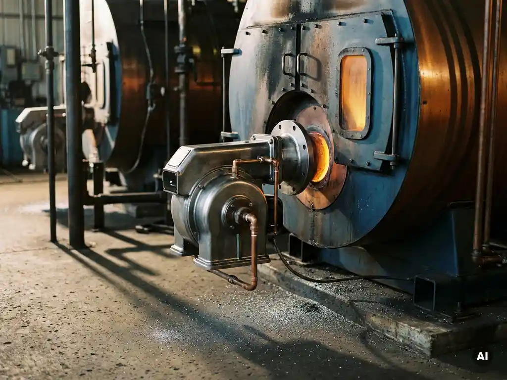 Iron fuel burner module installed in an industrial boiler, metallic powder residue on concrete floor, amber combustion glow from chamber.