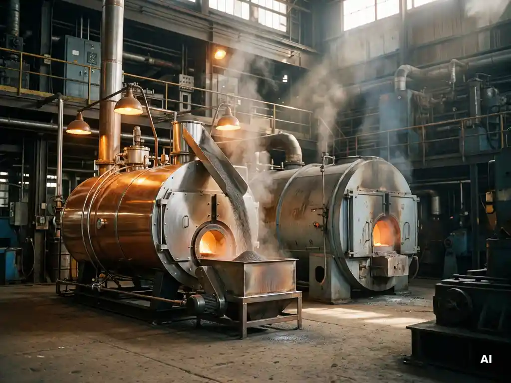 Iron powder boiler unit beside a fossil fuel furnace on a factory floor, metallic powder cascading into a combustion chamber with amber clean-combustion glow.