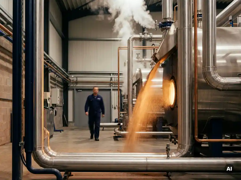 Industrial boiler system on a factory floor with iron powder combustion casting warm amber light over steel pipework and rising white steam.
