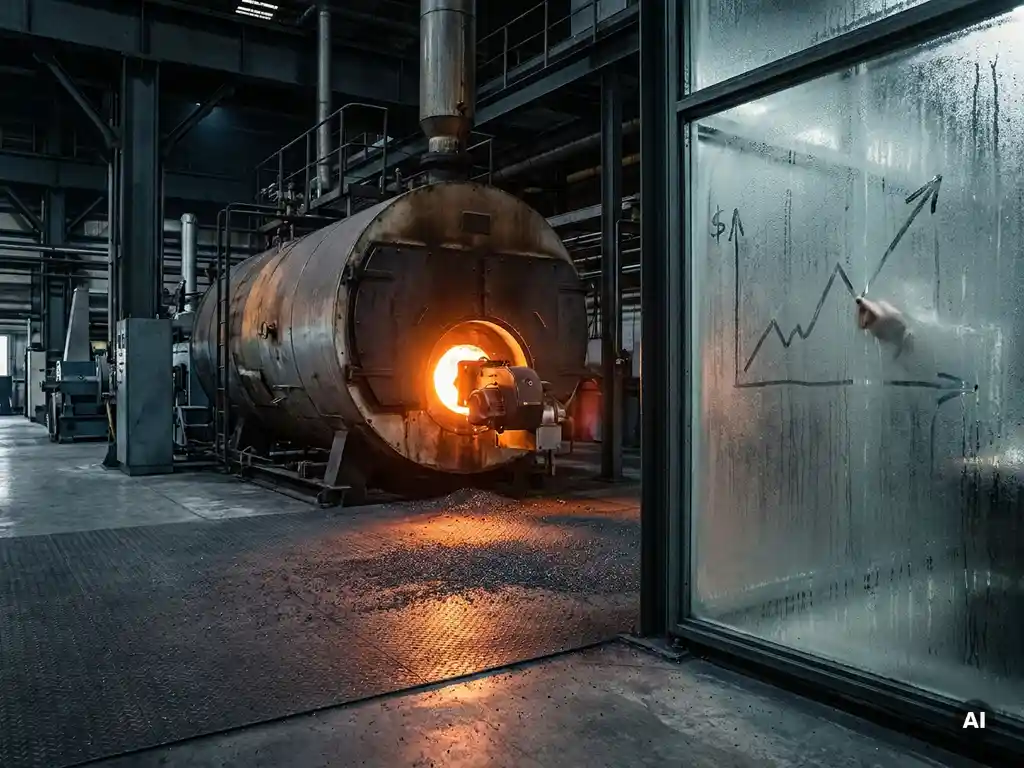 Industrial boiler glowing molten orange, surrounded by fine iron powder on a dark steel factory floor.