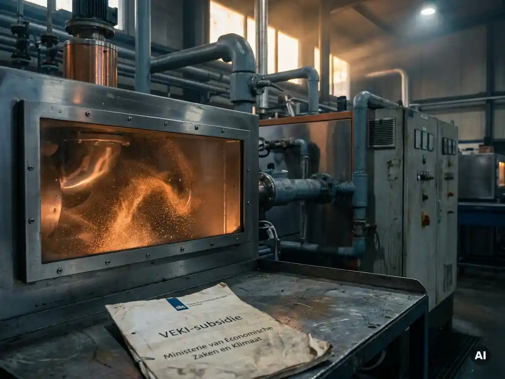 Iron powder particles glowing amber during combustion in a Dutch industrial boiler facility, with a VEKI grant document on a metal surface nearby.
