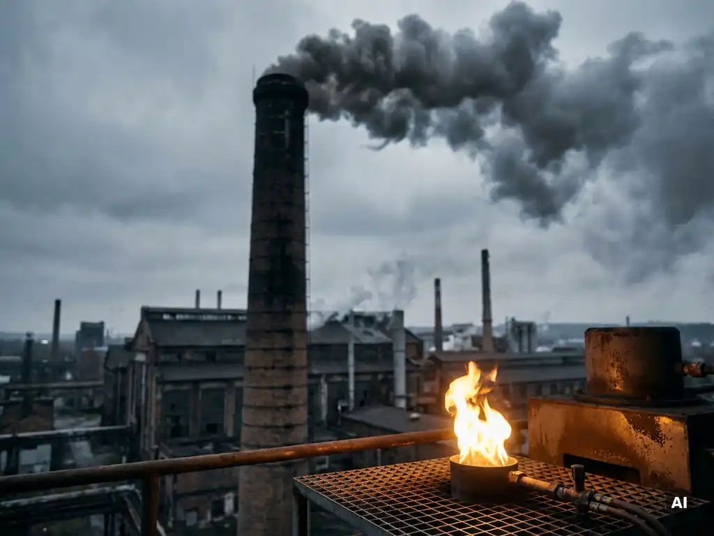 Industrial smokestack releasing grey emissions contrasted with a clean-burning iron powder flame glowing amber in the foreground.