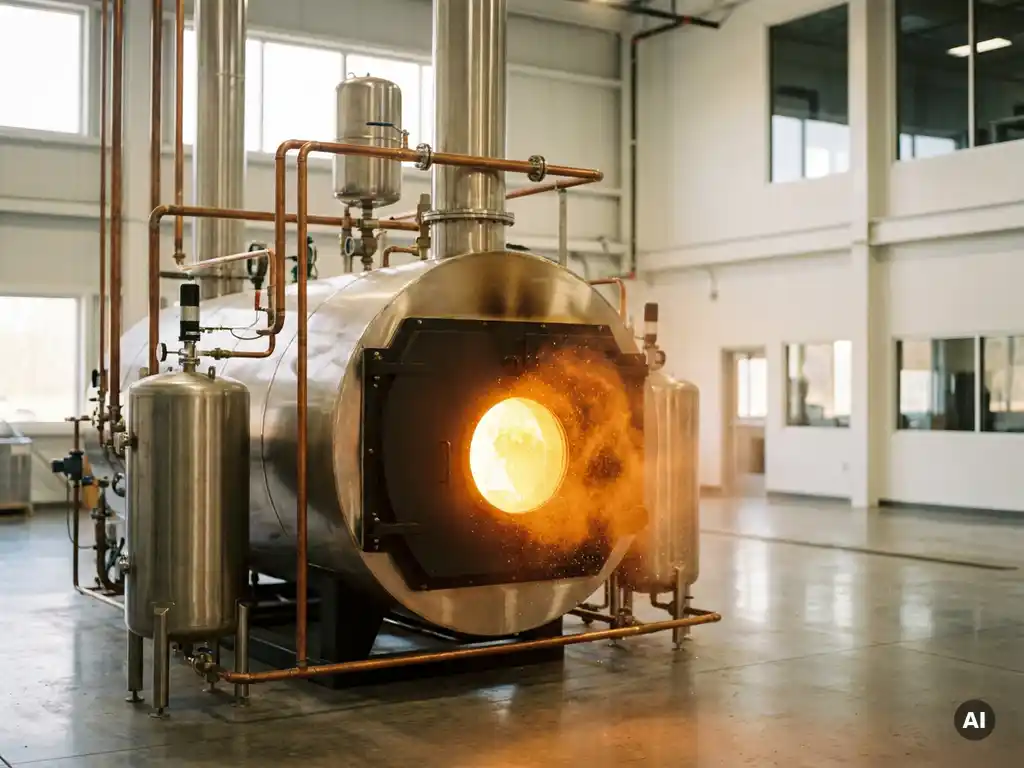 Industrial boiler system with iron powder mid-combustion, glowing amber-orange flames amid polished steel pipes on a clean factory floor.