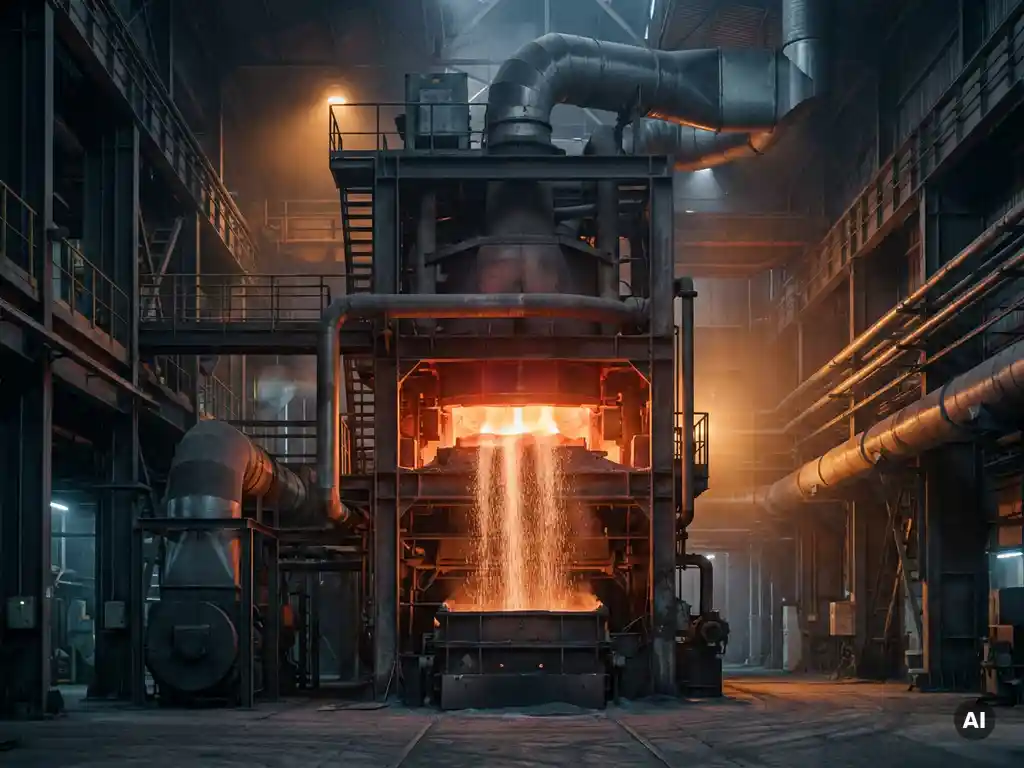 Industrial boiler glowing orange as fine iron powder streams into the combustion chamber on a modern factory floor.