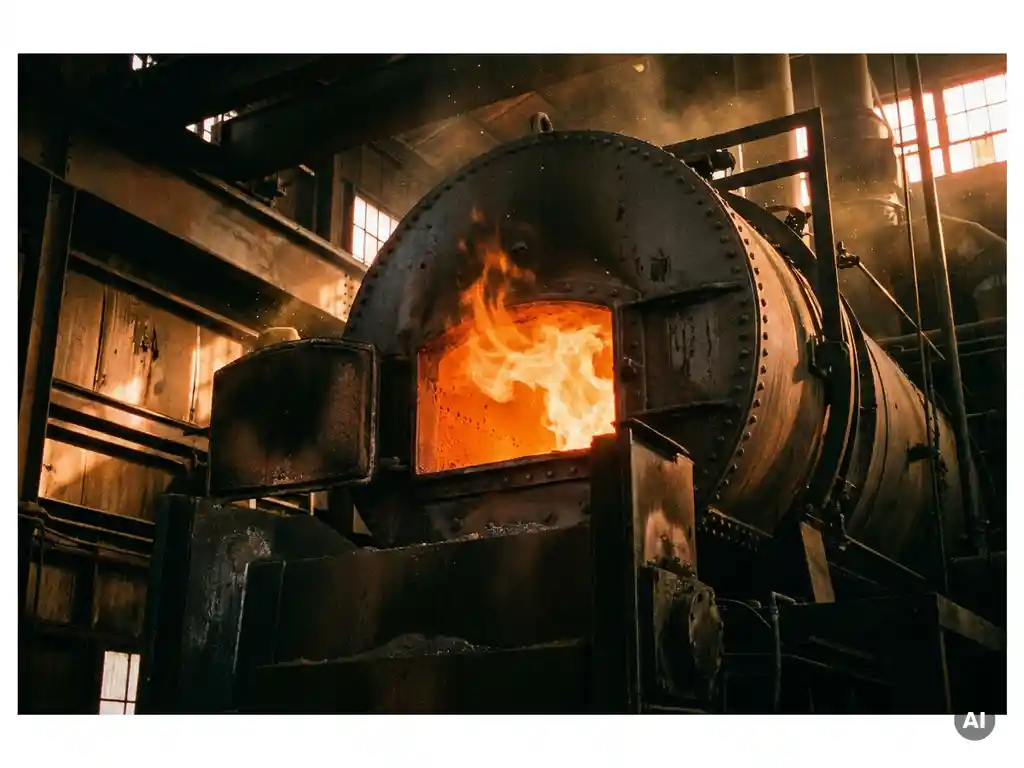 Industrial boiler chamber glowing orange as fine iron powder burns in a clean amber flame inside a steel-framed factory.