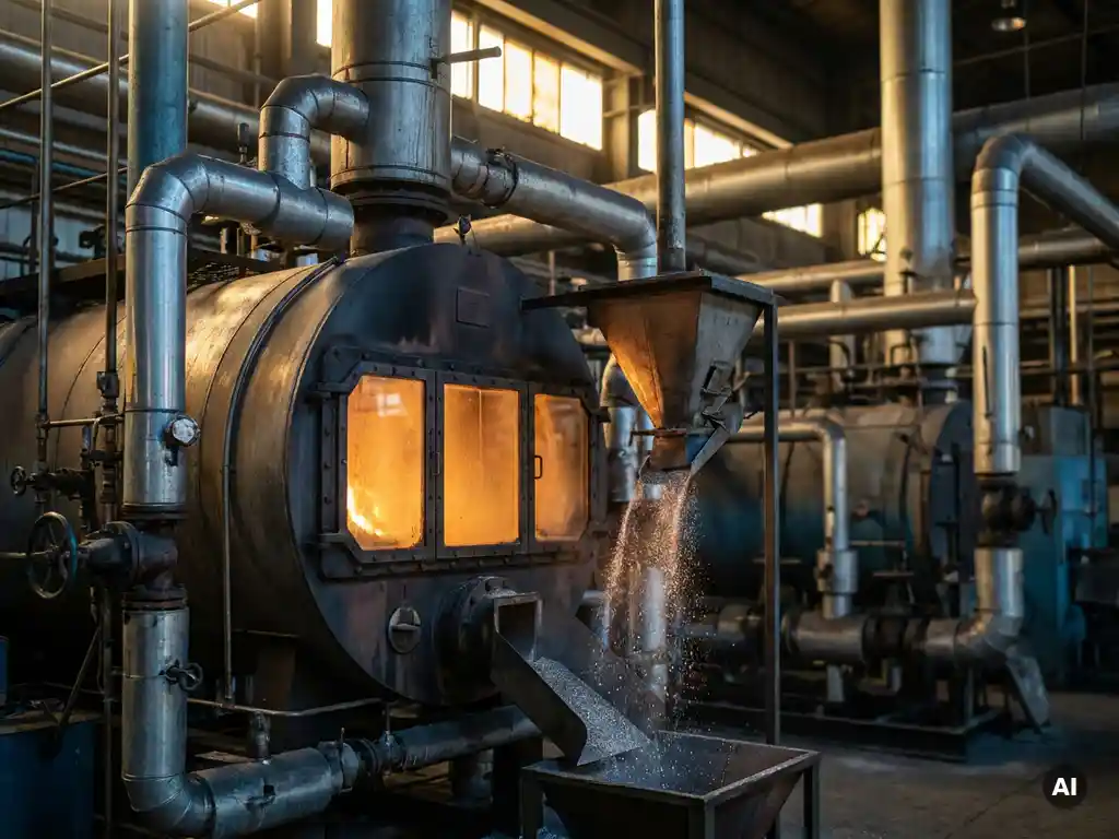 Industrial boiler with iron powder combustion chamber glowing amber, surrounded by steel pipes and insulated ductwork in a working factory.