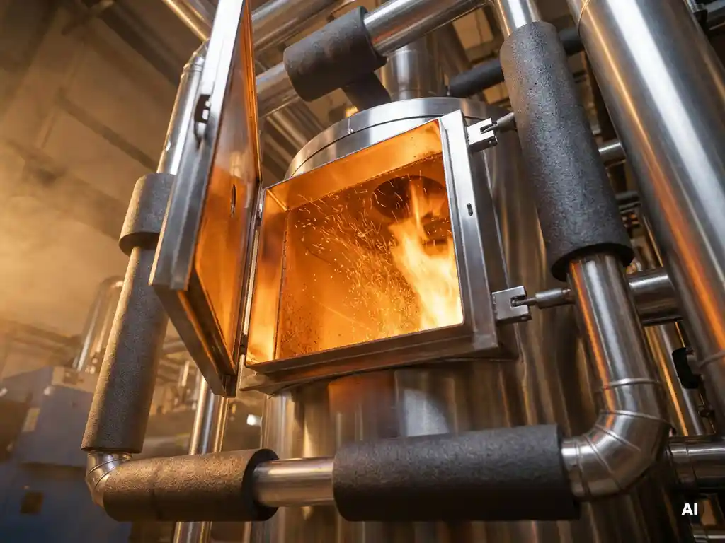 Industrial boiler chamber with iron powder combusting in bright amber flame, surrounded by steel pipes and insulated ductwork, low-angle view.