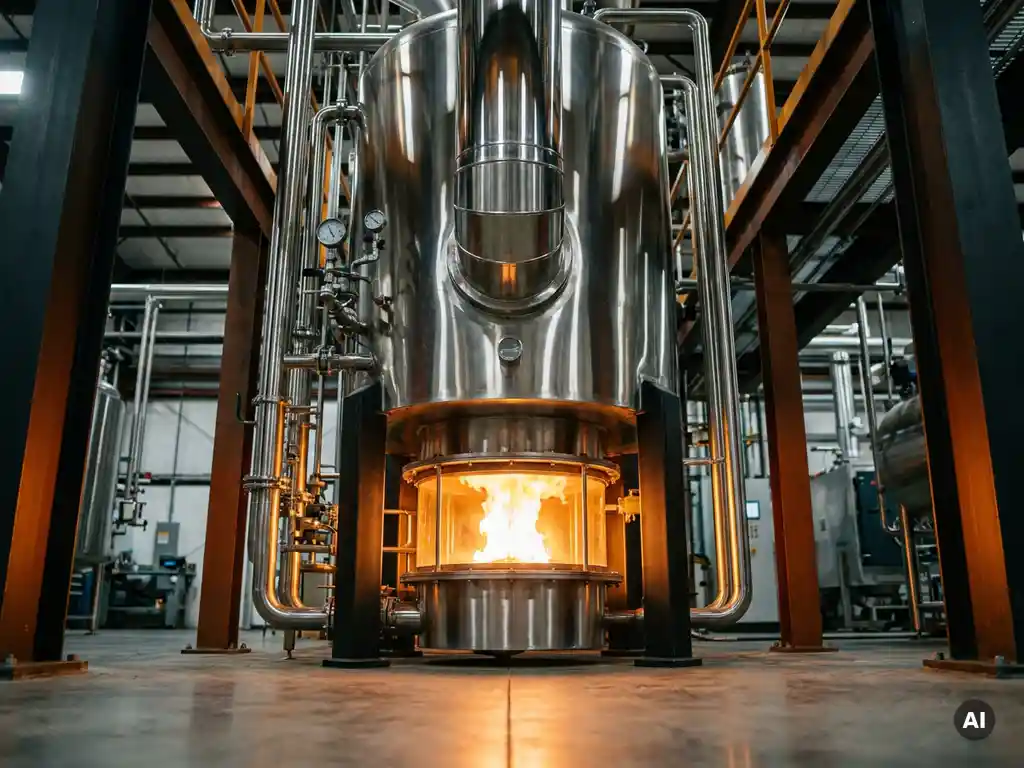 Industrial boiler system burning iron powder in a clean amber flame, warm golden-orange combustion reflecting off polished steel pipes on a factory floor.