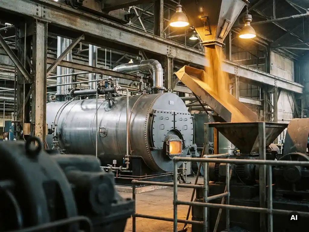 Fine iron powder cascading from a hopper into an industrial boiler system, with glowing amber combustion light and gunmetal steel pipes on a factory floor.