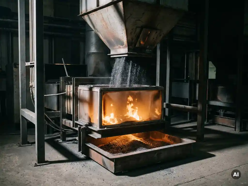 Fine iron powder falling from an industrial hopper into an amber-flamed combustion chamber, with iron oxide residue collected in a steel tray below.