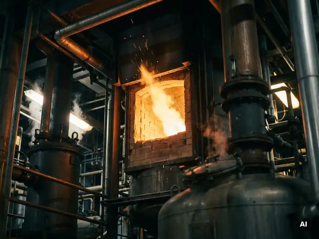 Industrial furnace chamber glowing amber as fine iron powder combusts with a clean bright flame, surrounded by steel pipes and reactor vessels.