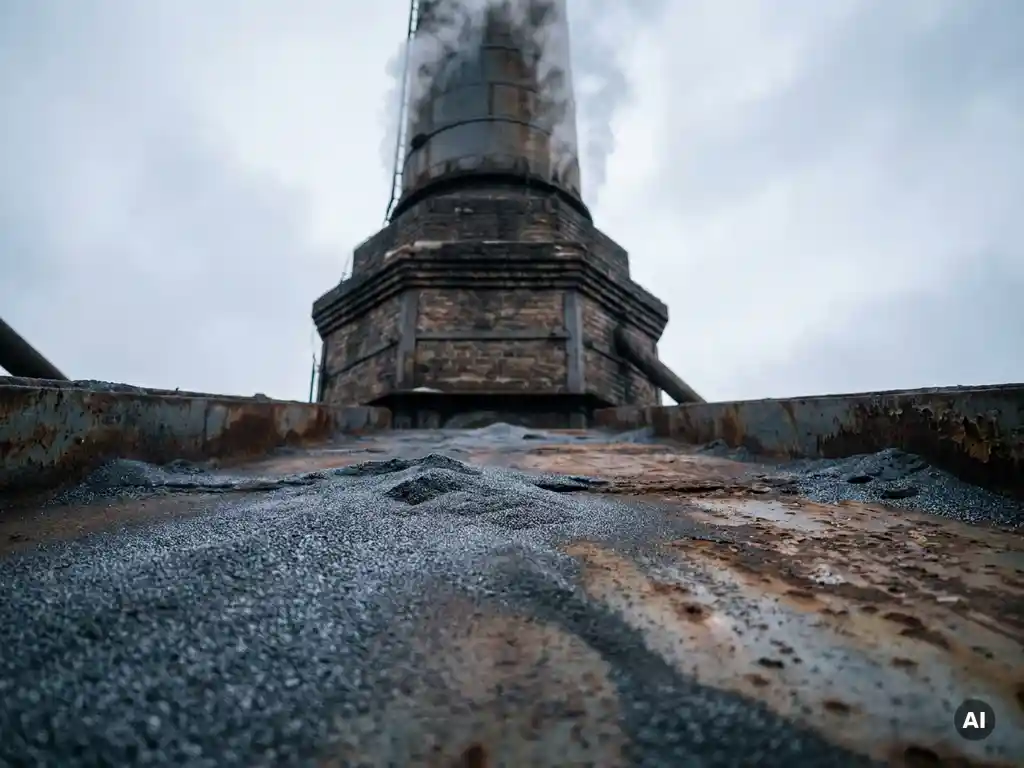 Industrial smokestack emitting faint white steam above fine iron powder on a weathered steel surface, low-angle view with overcast winter sky.