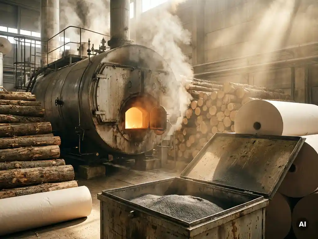 Industrial steam boiler glowing amber inside a pulp and paper mill, surrounded by timber logs, paper rolls, and iron powder container.