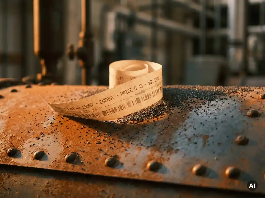 Vintage analog ticker tape spilling over a weathered steel boiler with iron powder granules in warm amber and rust-orange industrial lighting.